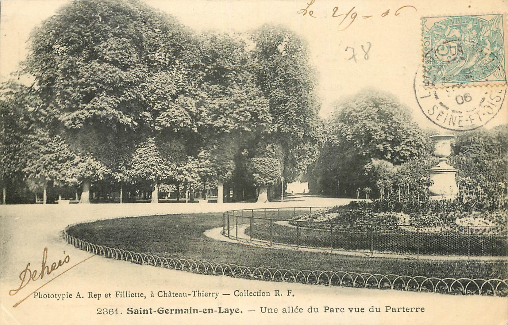 Saint-Germain-en-Laye — Une allée du Parc vue du Parterre — Phototypie A. Rep et Filliette, à Château-Thierry — Collection R. F. — n° 2361