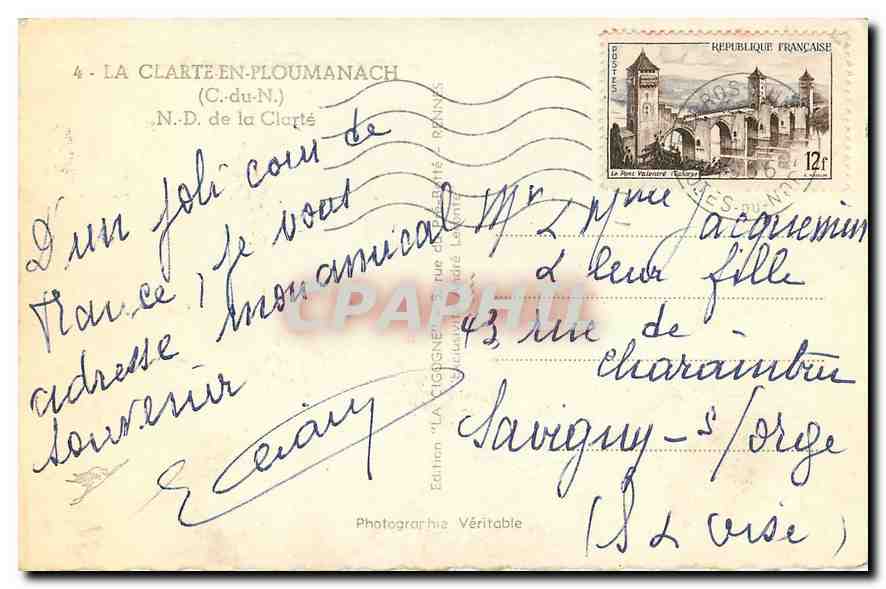 CPA La Clarte en Ploumanach C du N N D de la Clarte  — Rückseite