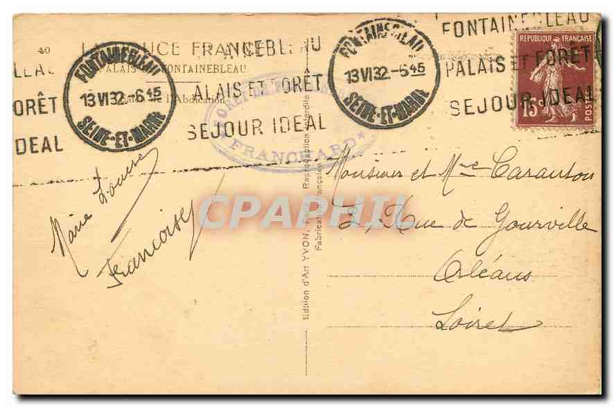 Innenraum des Palastes von Fontainebleau — Speisesaal — Édition d'Art YVON, n° 40 — Rückseite
