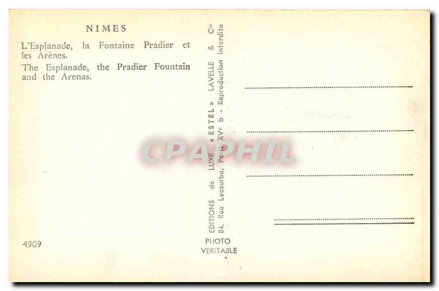 CPA Nimes l'Esplanade la Fontaine Pradier et les Arenes  — Rückseite