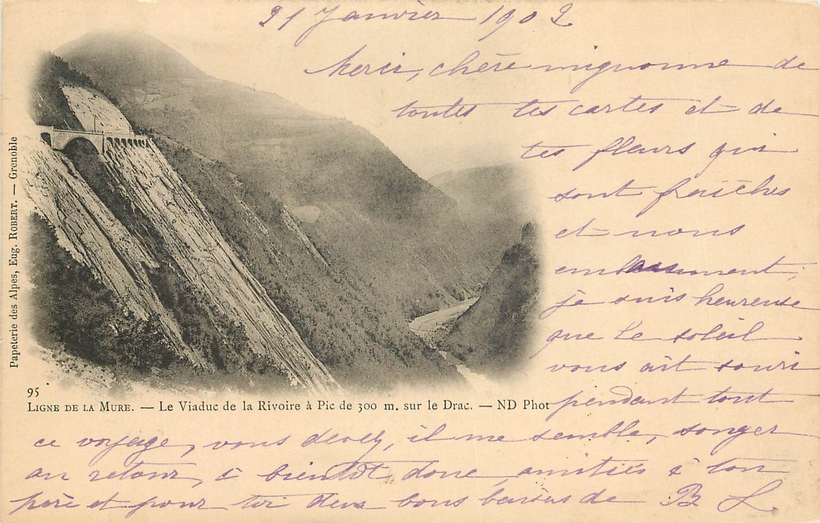 Ligne de la Mure — Le Viaduc de la Rivoire à Pic de 300 m, sur le Drac — Papeterie des Alpes, Eug. Ronzert, Grenoble