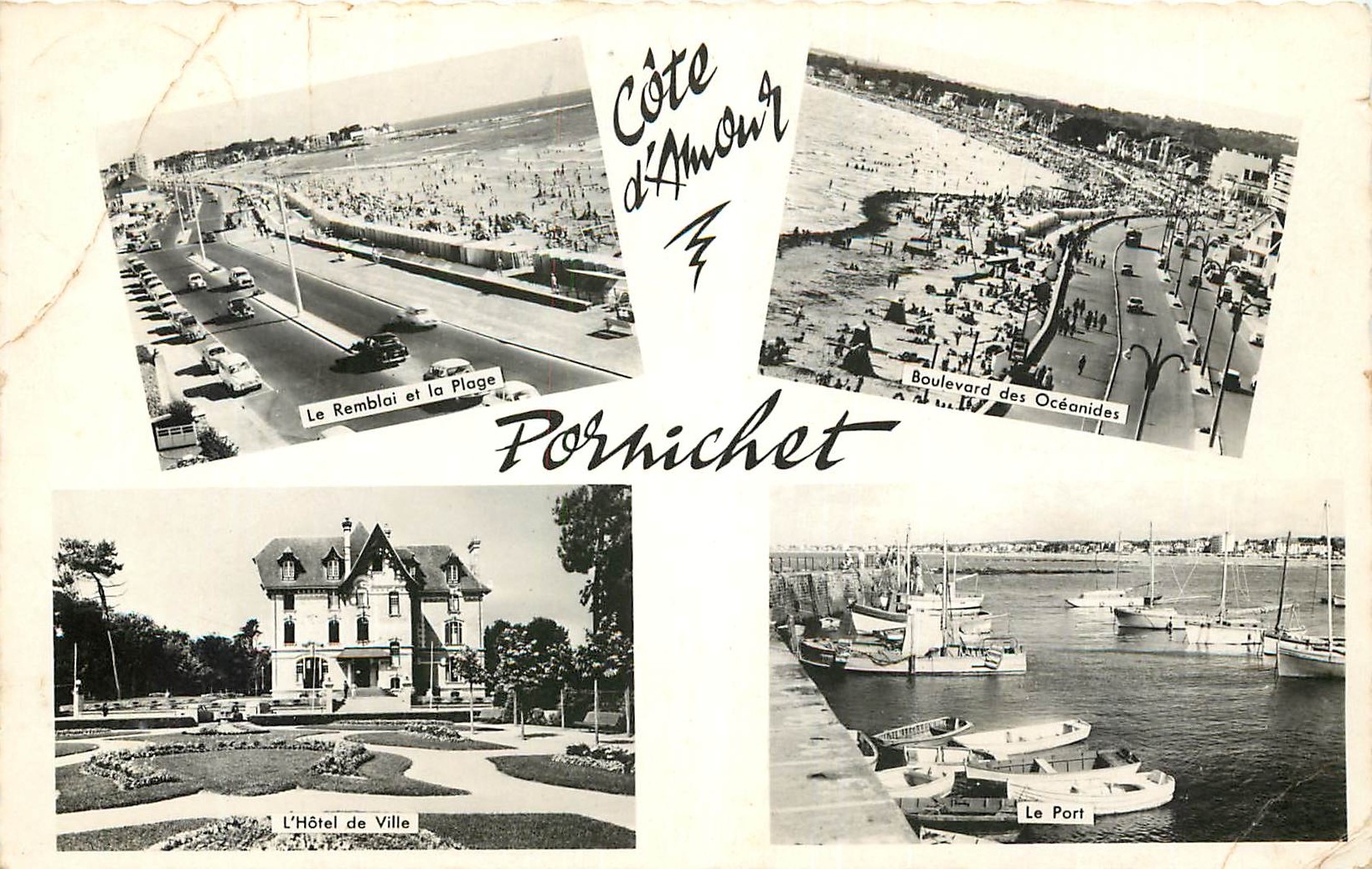 CPM Pornichet Le remblai et la plage Boulevard des Oceanides L'hotel de ville Le port