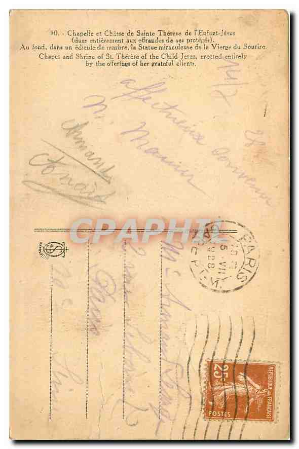 CPA Chapelle et Chasse de sainte Therese de l'Enfant Jesus Lisieux — Rückseite