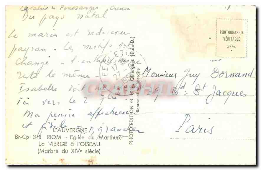CPA l'Auvergne Riom Eglise du Marthuret La Vierge a l'Oiseau  — Rückseite