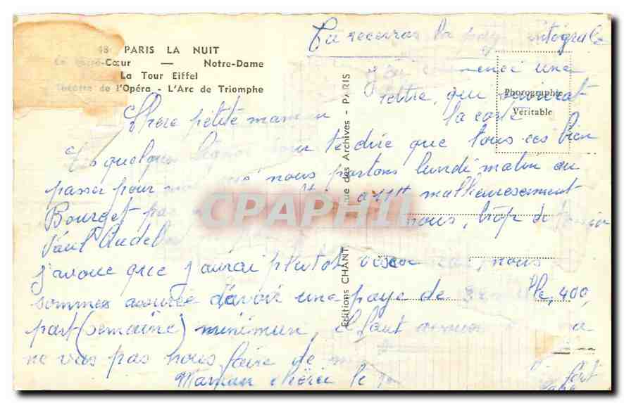 CPA Paris la nuit Le Sacre Coeur Notre Dame La Tour Eiffel Theatre de l'Opera L'Arc de Triomphe  — Rückseite