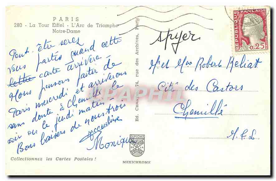 CPA Paris La Tour Eiffel L'Arc de Triomphe Notre Dame  — Rückseite