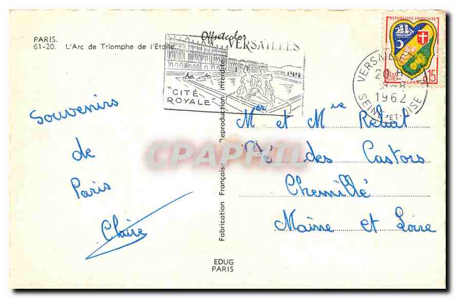 CPA Paris L'Arc de Triomphe de l'Etoile  — Rückseite