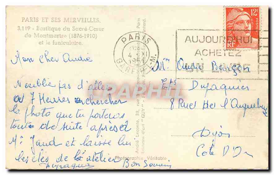 CPA Paris et ses Merveilles Basilique du Sacre Coeur de Montmartre et le funiculaire  — Rückseite
