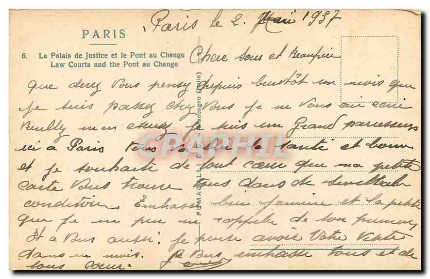 CPA Paris Le Palais de Justice et le Pont au Change  — Rückseite