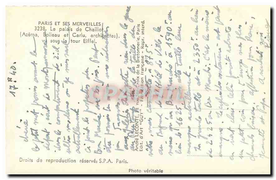 CPA Paris e ses Merveilles Le Palais de Chaillot vu sous la Tour Eiffel  — Rückseite