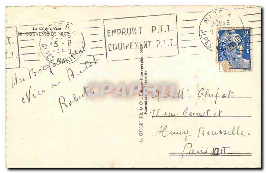 CPA La Cote d'Azur Souvenir de Nice  — Rückseite