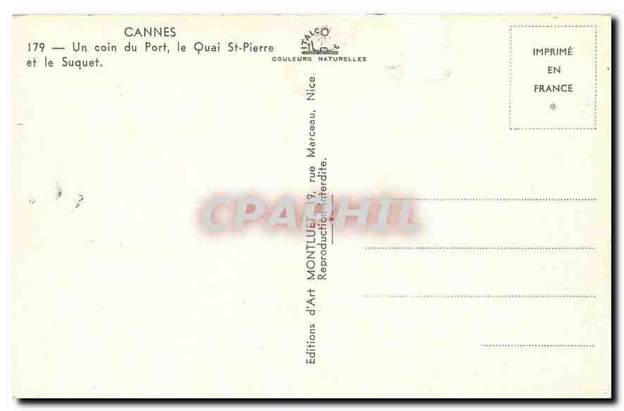 CPA Cannes Un coin du Port le Quai St Pierre et le Suquet  — Rückseite
