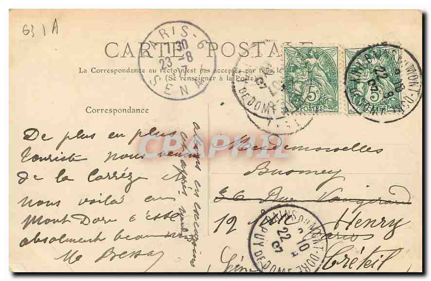 CPA L'Auvergne Puy de dome Mont Dore Cascade du Serpent pres le Sancy  — Verso