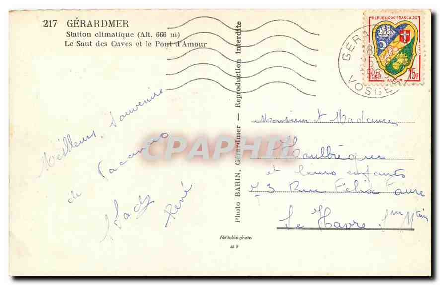 CPA Gerardmer Station climatique le saut des Cuves et le Pont d'Amour  — Rückseite