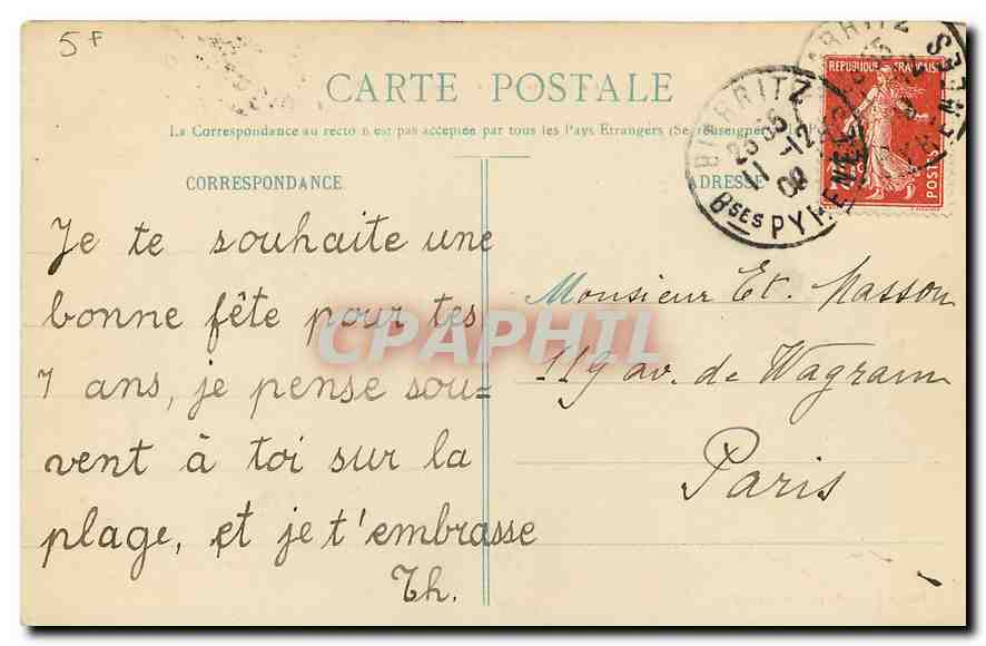 Biarritz Pittoresque — Hôtel du Palais vu de la plage — Édition A. Simons, Litché-Cartailhac — N°114 — Rückseite