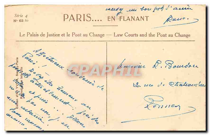 CPA Paris en Flanant le Palais de Justice et le Pont au Change  — Verso