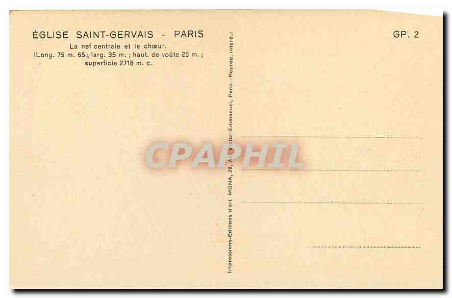 CPA Eglise Saint Gervais Paris la nef centrale et le Choeur  — Verso