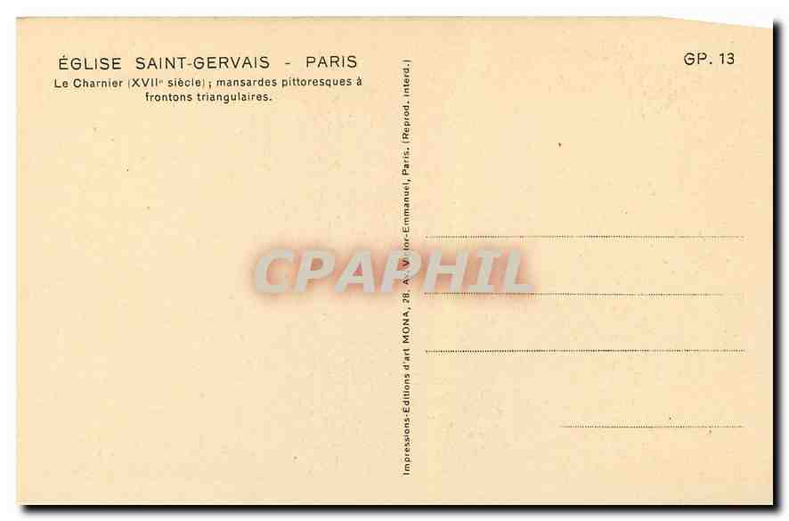 CPA Eglise Saint Gervais Paris le Charnier XVII siecle mansardes pittoresque a frontons triangulaire — Verso
