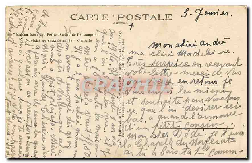CPA Maison Mere des Petites Soeurs de l'Assomption Noviciat de Seconde annee Chapelle  — Verso