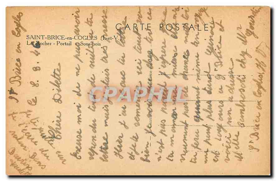 CPA Saint Brice en Cogles I et V le Rocher Portail sous bois  — Rückseite