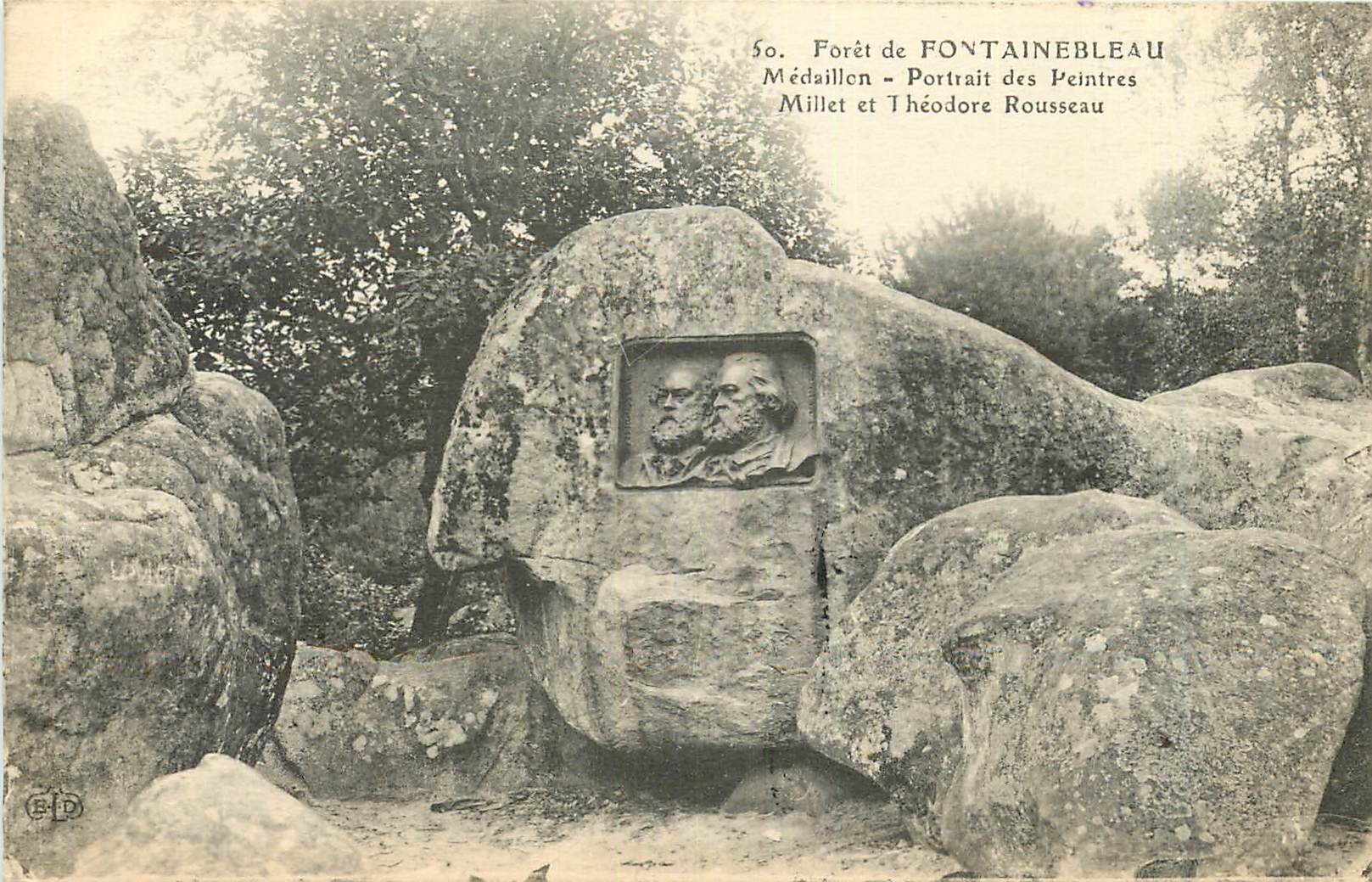 Bosque de Fontainebleau — Medalla — Retrato de los pintores Millet y Théodore Rousseau — Editor E.D.