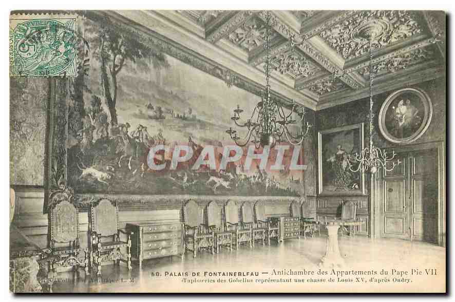 Palast von Fontainebleau — Vorzimmer der Appartements des Papstes Pius VII — Gobelins-Tapete, die eine Jagd von Ludwig XV darstellt, nach Oudry
