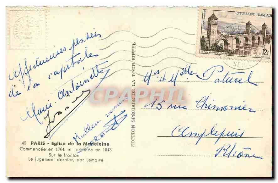 CPA Paris Eglise de la Madeleine Commencee en 1764 et terminee en 1843 sur le fronton le jugement de — Rückseite