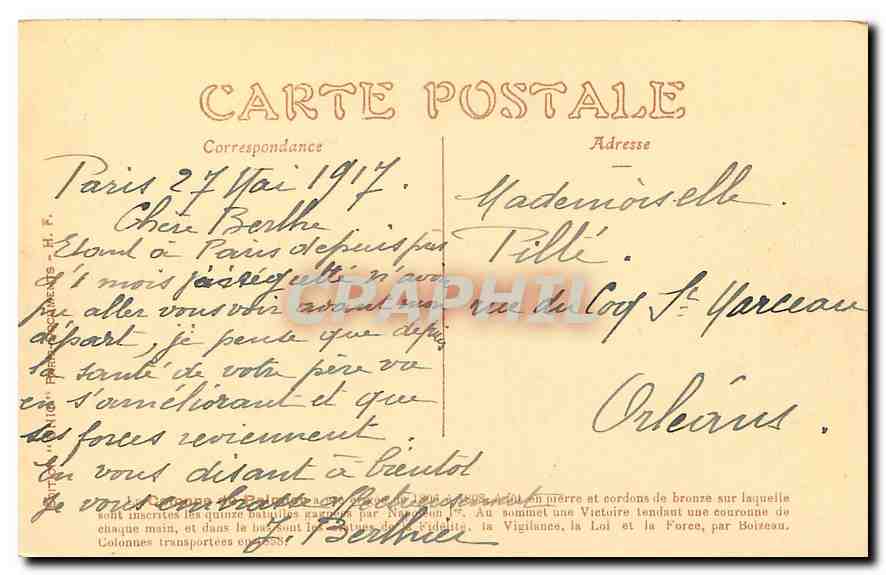 CPA Paris la Colonne du Palmier et fontaine de la Victoire place du Chatelet  — Rückseite