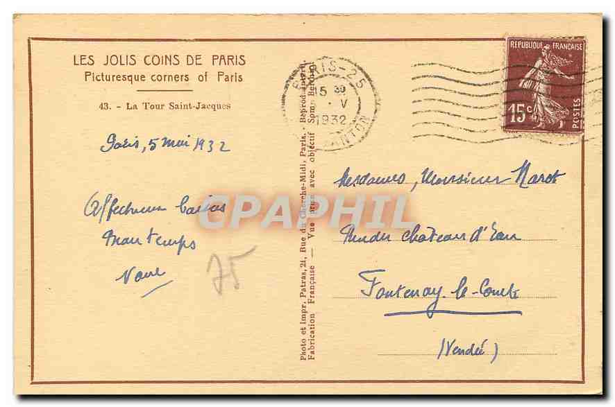 CPA Les Jolis Coins de Paris La Tour Saint Jacques  — Rückseite