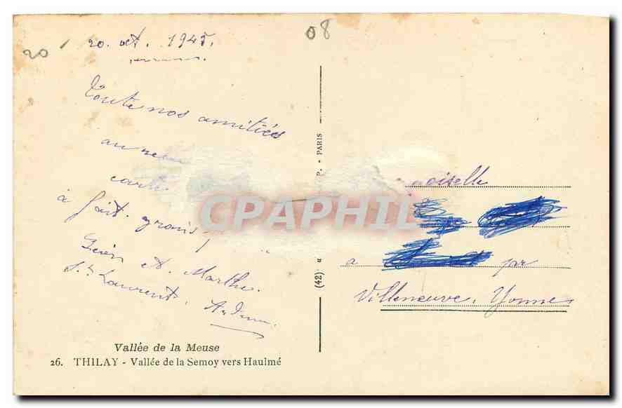 CPA Vallee de la Meuse Thilay Vallee de la Semoy vers Haulme  — Rückseite