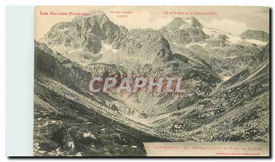 Les Hautes-Pyrénées — Vue des montagnes avec Pic des Oulettes (2.500m), Pic de la Skède ou de Lahoussa (2.081m), Lac d’Eston (2.782m) et Fond du Lutour — Phototypie Labouche Frères, Cauterets