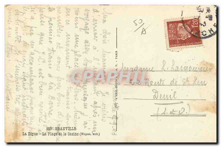 Granville — La Digue, La Plage et le Casino — éditeur C.A.P. (Blouysan, wrech.) — Verso