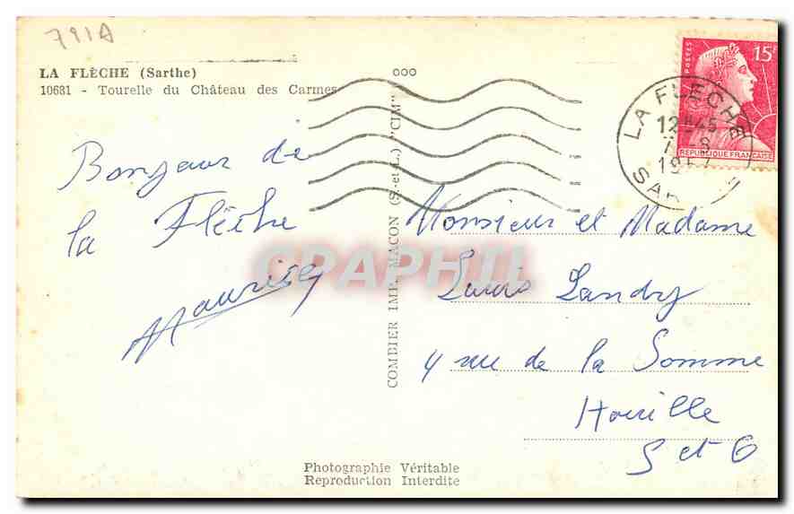 CPA La Fleche Sarthe Tourelle du Chateau des Carmes  — Rückseite