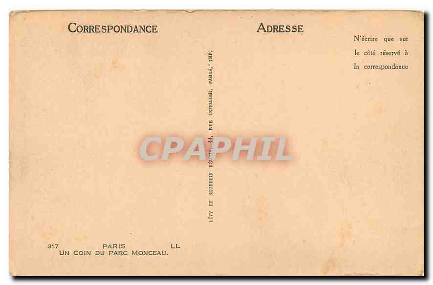 CPA Paris Un coin du Parc Monceau  — Rückseite