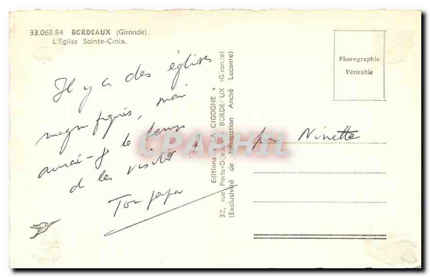 CPA Bordeaux Gironde L'Eglise Sainte Croix  — Verso
