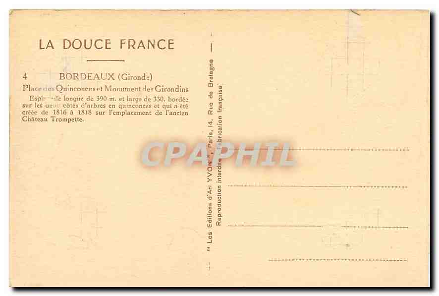 CPA La Douce France Bordeaux Gironde Place des Quinconces et Monument des Girondins  — Verso