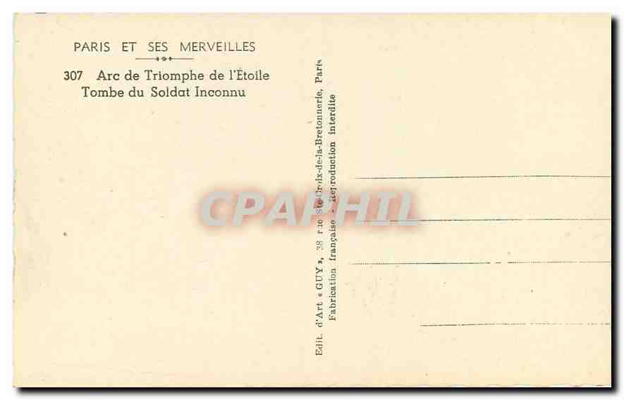 CPA Paris et ses Merveilles Arc de Triomphe de l'Etoile Tombe du Soldat Inconnu  — Rückseite
