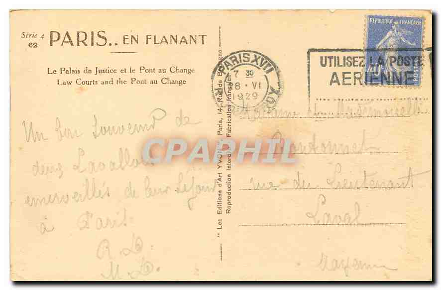 CPA Paris en Flanant Le Palais de Justice et le Pont au Change  — Verso