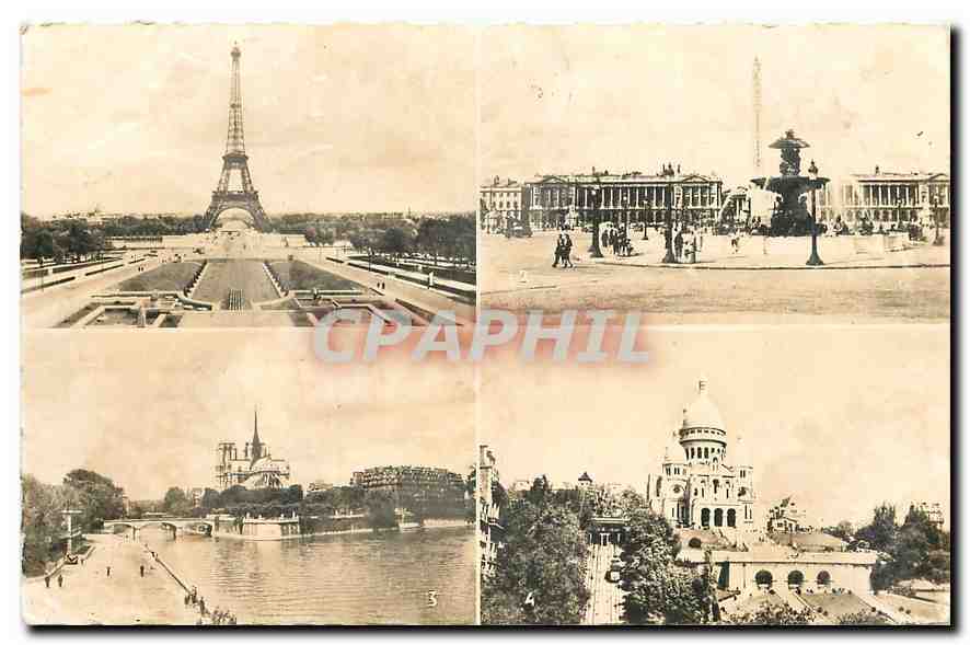 CPA Paris La Tour Eiffel Place de la Concorde Notre Dame Le Sacre Coeur 