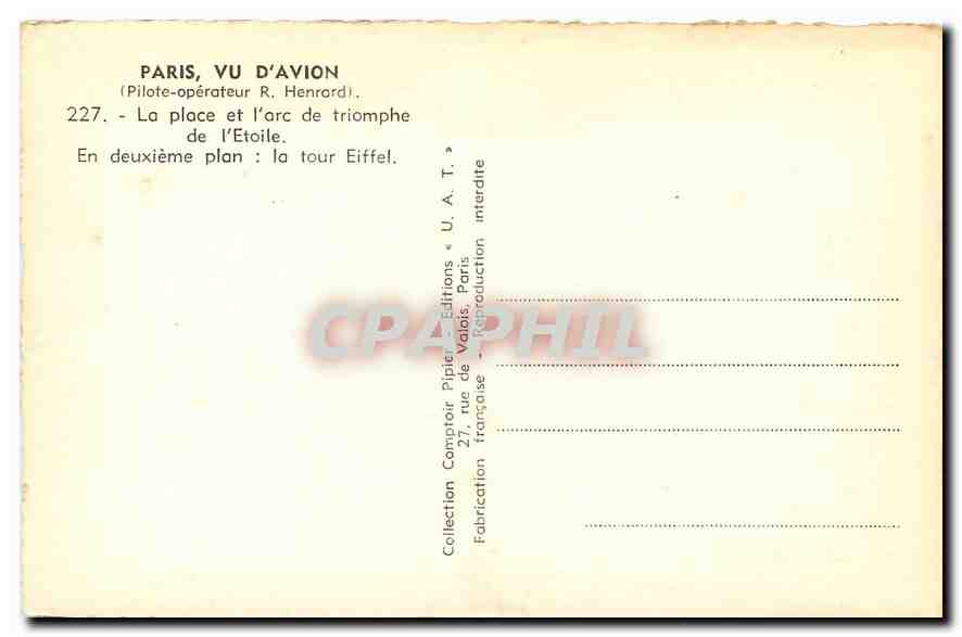 CPM Paris vu d'Avion Pilote operateur R Henrord la Place et l'arc de Triomphe de l'Etoile en deuxiem — Rückseite