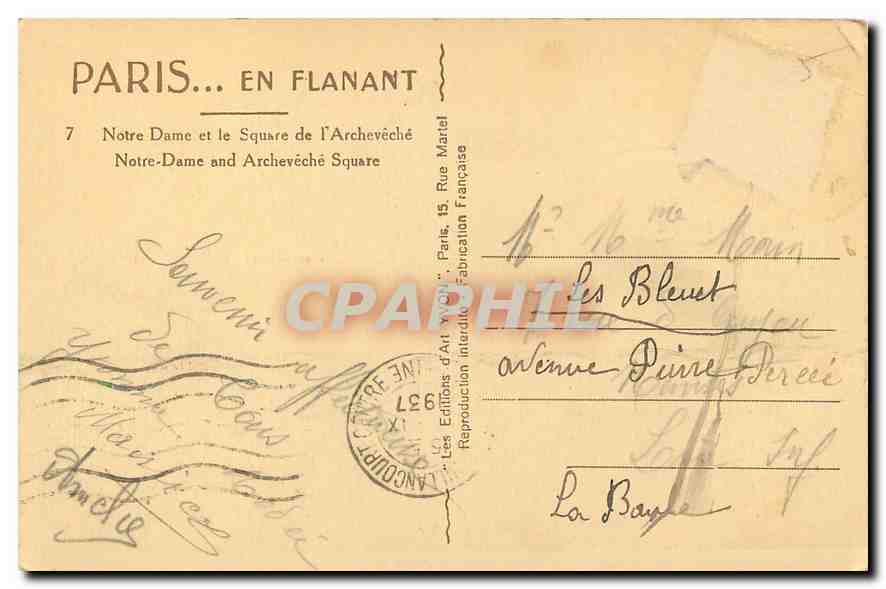 CPA Paris en Flanant Notre Dame et le Square de l'Archeveche  — Rückseite