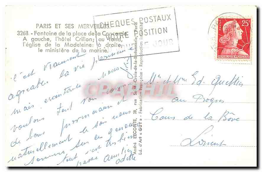 CPA Paris et ses Merveilles Fontaine de la Place de la Concorde a Gauche l'Hotel Crillon au fond l'e — Verso