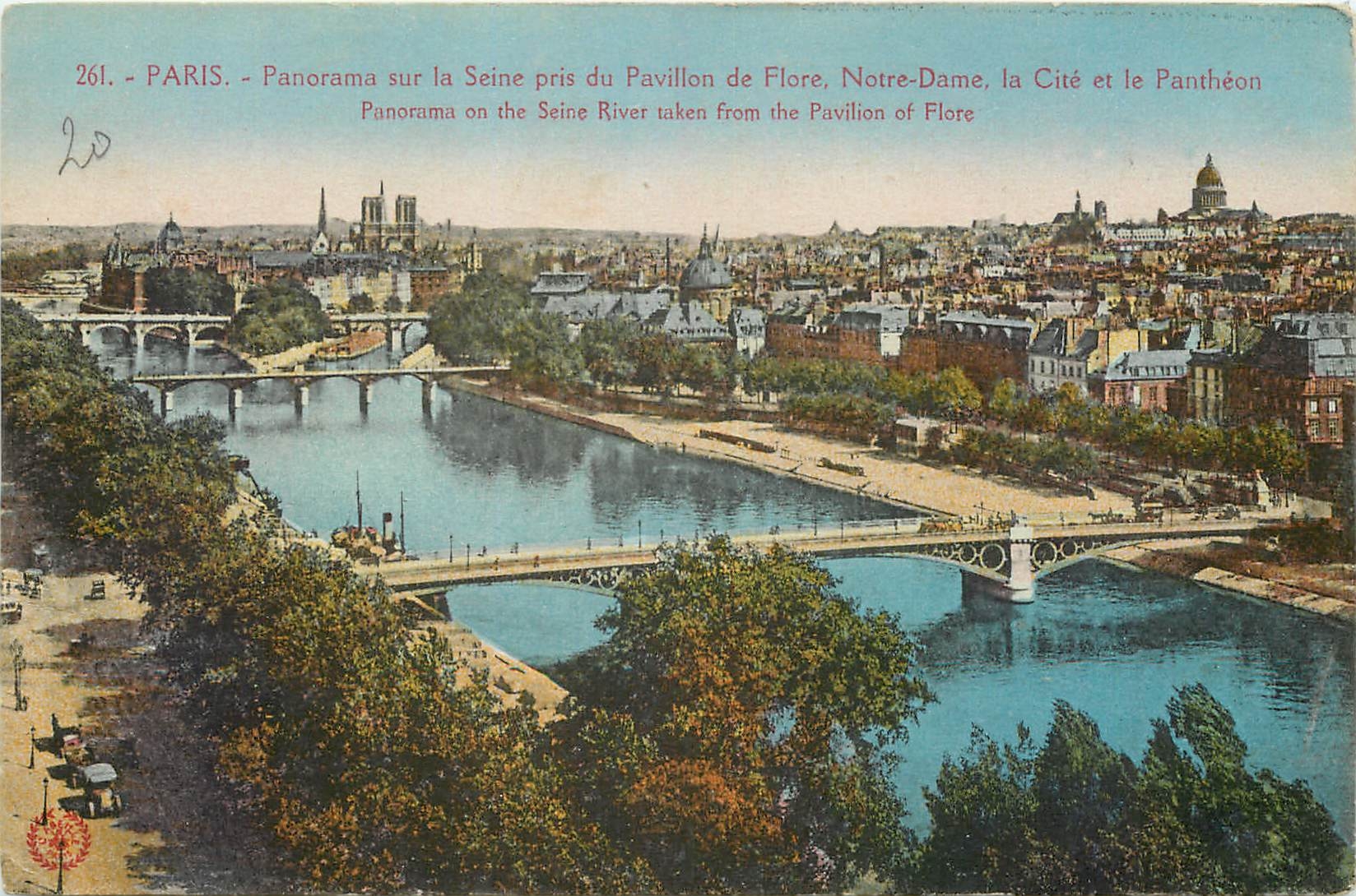 CPA Paris Panorama sur sur la Seine pris du Pavillon de Flore Notre Dame la Cite et le Pantheon 