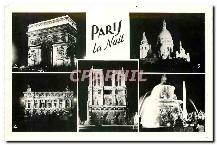 CPA Paris la Nuit Notre Dame l'Arc de Triomphe le Sacre Coeur l'Opera Place de la Concorde 