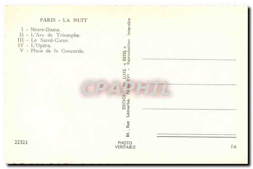 CPA Paris la Nuit Notre Dame l'Arc de Triomphe le Sacre Coeur l'Opera Place de la Concorde  — Rückseite