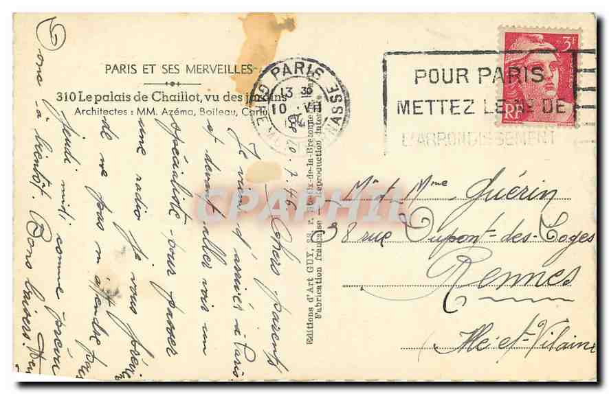 CPA Paris et ses Merveilles le Palais de Chaillot vu des Jardins  — Rückseite