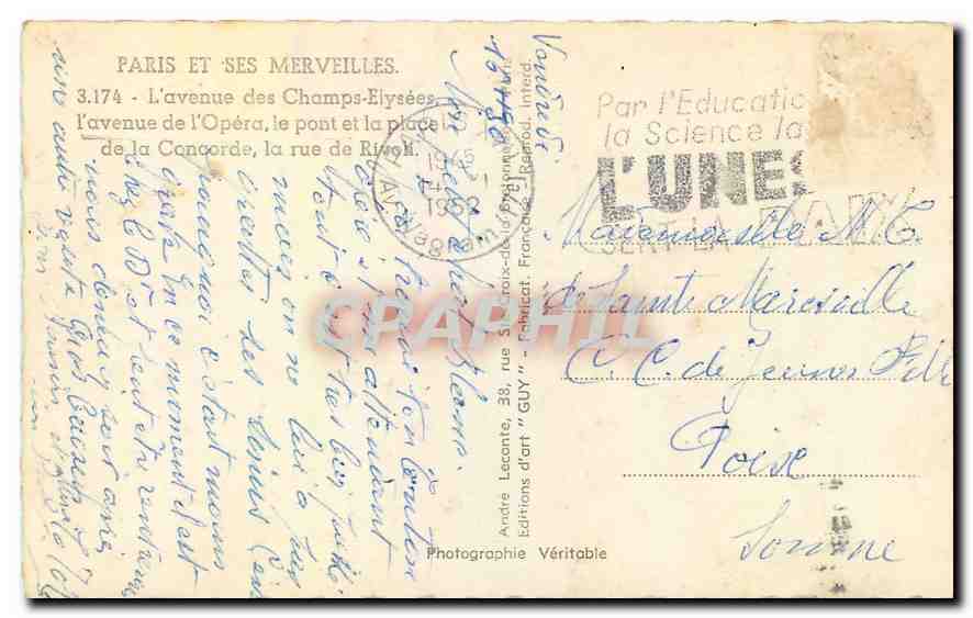 CPA Paris et ses Merveilles l'Avenue des Champs Elysees l'Avenue de l'Opera le Pont et la Place de l — Rückseite