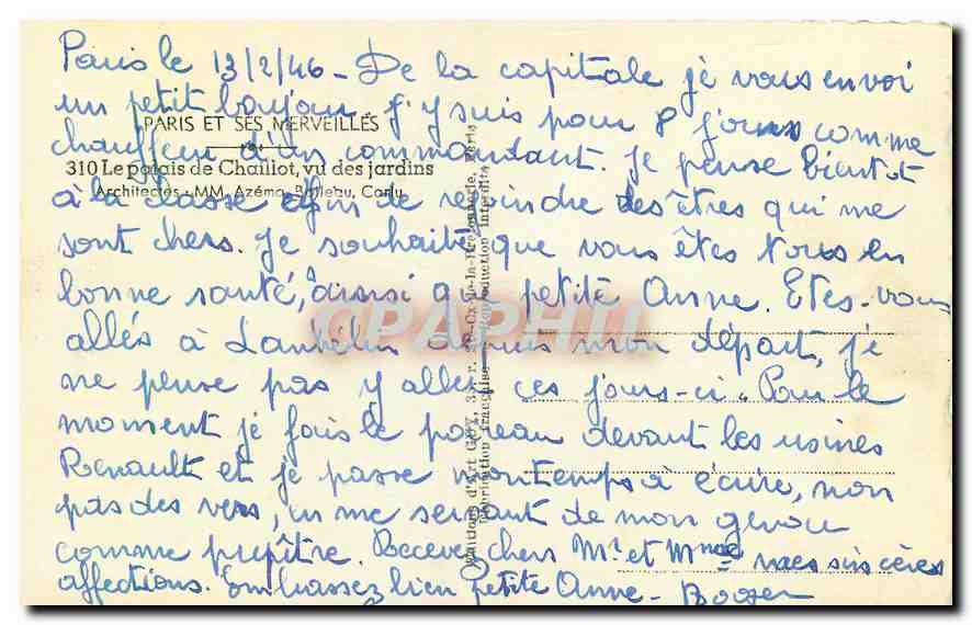 CPA Paris et ses Merveilles le Palais de Chaillot vu des Jardins  — Rückseite