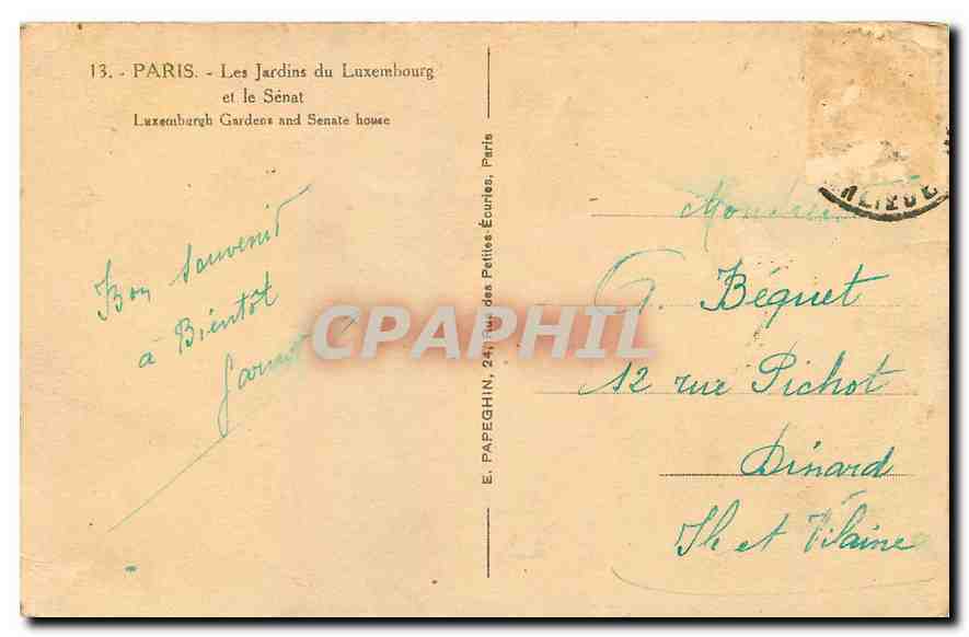Paris - Les Jardins du Luxembourg et le Sénat — E. Papeghin, 24, rue des Petites-Écuries, Paris — Achterkant