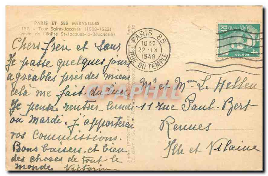 CPA Paris et ses Merveilles Tour saint Jacques 1508 1522 reste de l'eglise St Jacques la Boucherie  — Verso